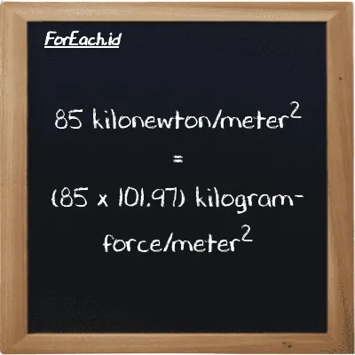 85 kilonewton/meter<sup>2</sup> setara dengan 8667.6 kilogram-force/meter<sup>2</sup> (85 kN/m<sup>2</sup> setara dengan 8667.6 kgf/m<sup>2</sup>)